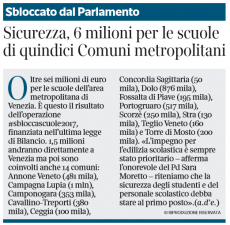 Operazione #sbloccascuole2017: 6 mln per le scuole di 15 Comuni metropolitani (Corriere del Veneto)